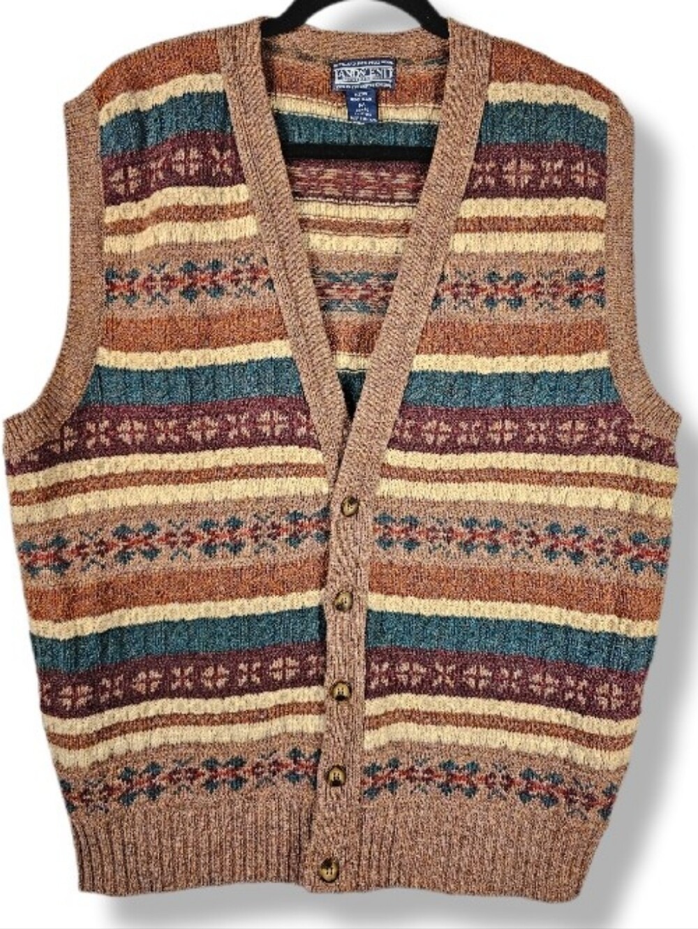 Vintage 90s Lands' End Sz Med Shetland Wool European Folk Button Front Vest